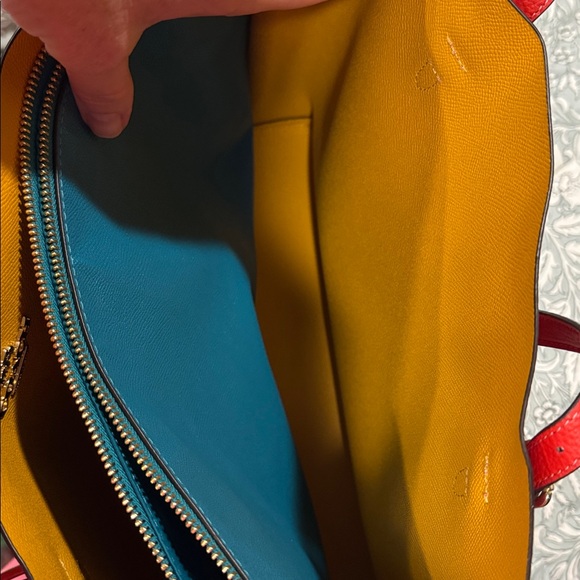 Coach Red /Orange Tote Bag; Lg., beautiful; NWOT; yellow and teal interior. - Picture 11 of 12